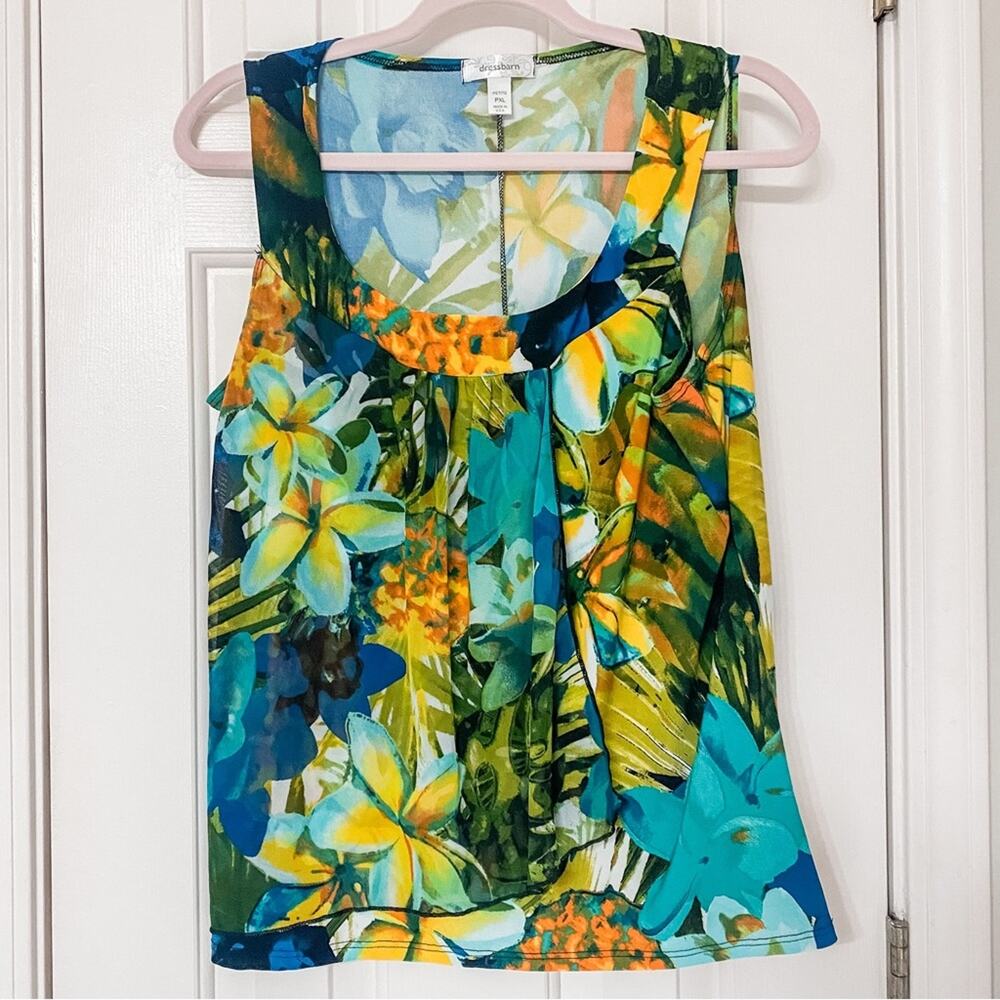 DRESS BARN • Blue + Green Tropical Floral Vacation Tank Top